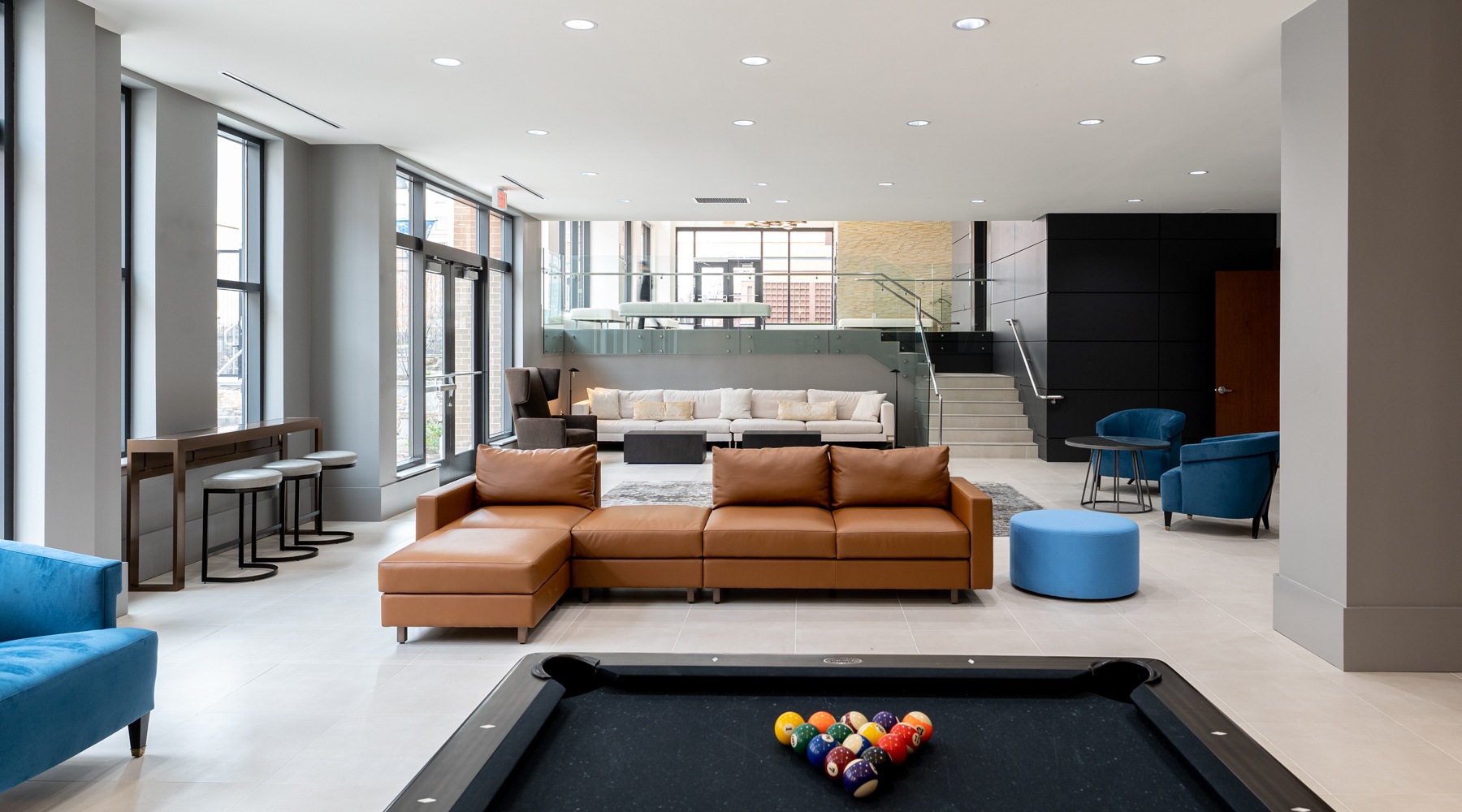 Beautiful clubroom with lounge seating and gaming areas